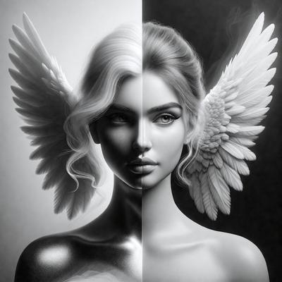 The primary subject of the image is a woman with blonde hair, wearing a dress and adorned with white wings. She is depicted in two different styles: one with a more angelic appearance, and the other with a more demonic look. The setting is a dark background, which contrasts with the woman's wings and adds to the dramatic effect of the image. The visual style is a combination of digital art and illustration, creating a unique and captivating portrait. The colors and mood of the